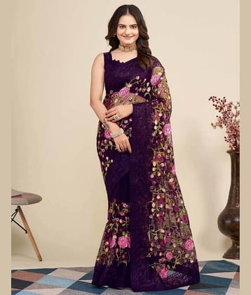 Aika Net Embroidered Saree With Unstitched Blouse Piece ( Wine )