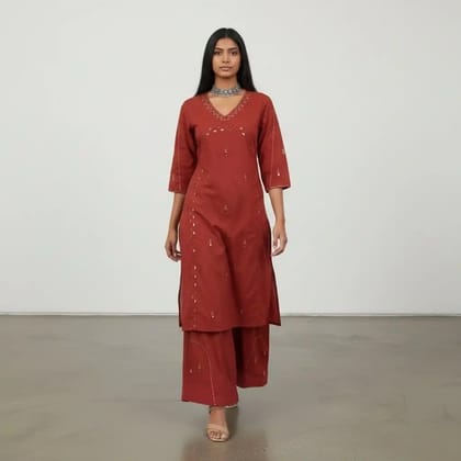 Handloom Cotton Co-Ord Set in Maroon with Mirror Work