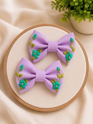 Hand-Embroidered Floral Hair Bows (Lavender, Set of 2) | Artisan Hair Accessories | Casual & Festive Wear Hand-Embroidered Floral Hair Bows (Lavender, Set of 2) | Artisan Hair Accessories | Casual & Festive Wear