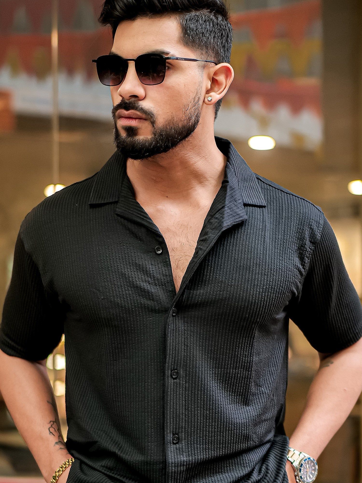 Elliot Knit Black Lycra Half Sleeve Shirt-M