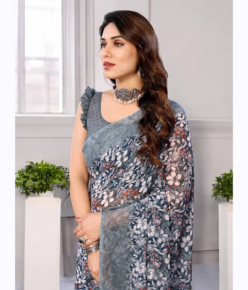TTH Georgette Printed Saree With Unstitched Blouse Piece ( Blue )