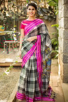 Beautiful Black And White  Color Linen Digital Printed Sari 1092