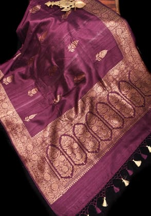 Aubergine Pure Banarasi Raw Silk Saree with Antique Zari detailing and contrast blouse piece | SILK MARK CERTIFIED