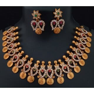 Matt Finish CZ Lakshmi Goddess Pink Green Jewellery Set