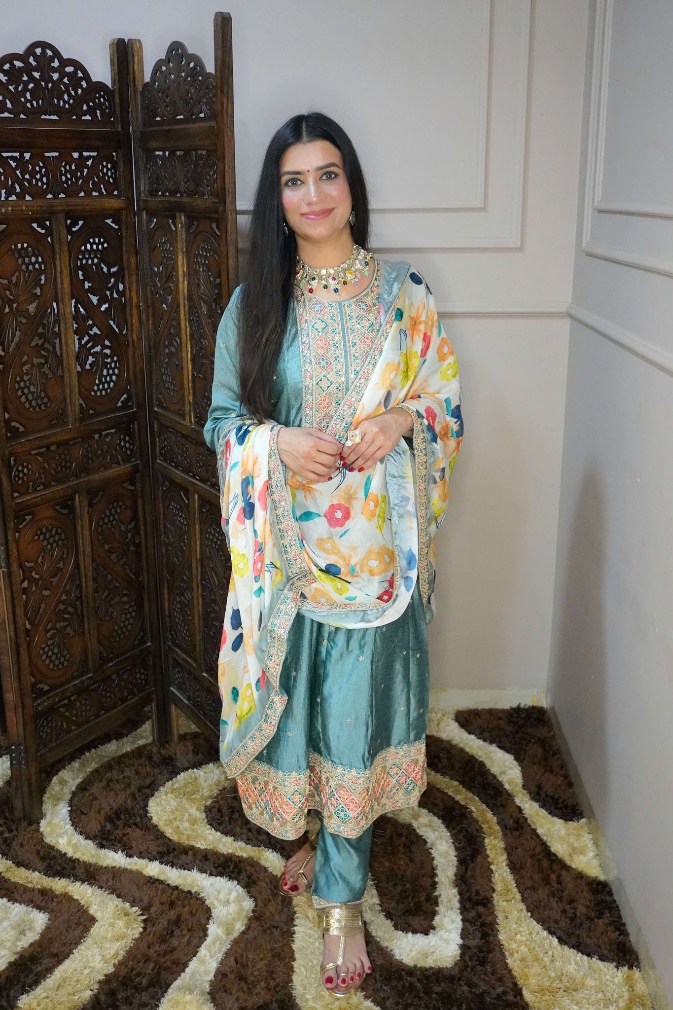 Women Mint Green zari detail Anarkali kurta with pant & with floral print dupatta-Green / XL