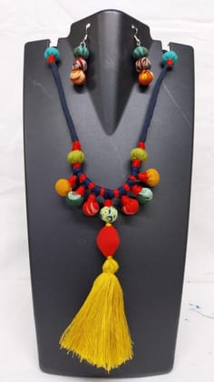 Vibrant Knot Necklace with Colorful Fabric Beads and Tassel