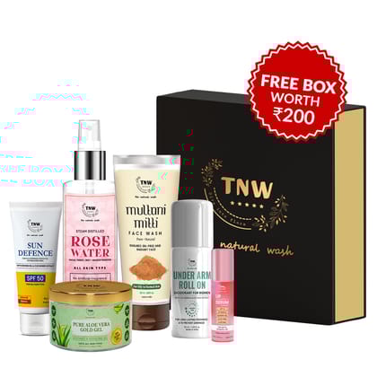 Summer Combo (Sun defence SPF, Rose water, Pure aloe vera gold gel, Multani mitti face wash, under arm roll on, Lip serum + Get a FREE box)