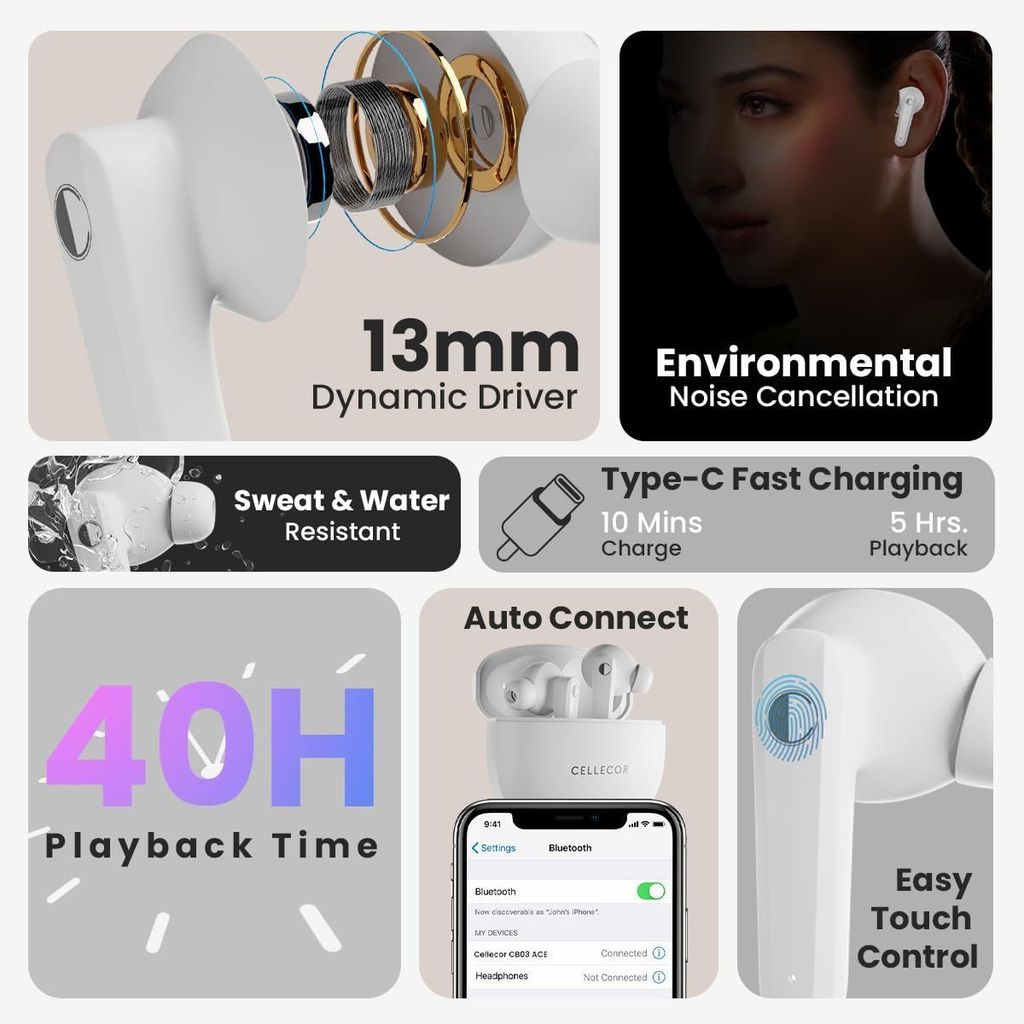 CELLECOR BroPods CB03-ACE TWS with 40 Hours Playtime, Automatic Pairing, HD Sound and 5.1V Bluetooth (WHITE)