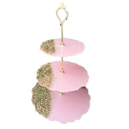 ART2ARTIST Hand Made 3 Tier Marble Look Resin Cake Stand Mold Cup Cake Holder Resin Stand - 3 Stage | Kitchen, Dining, Decorative Product (Pink and Golden)