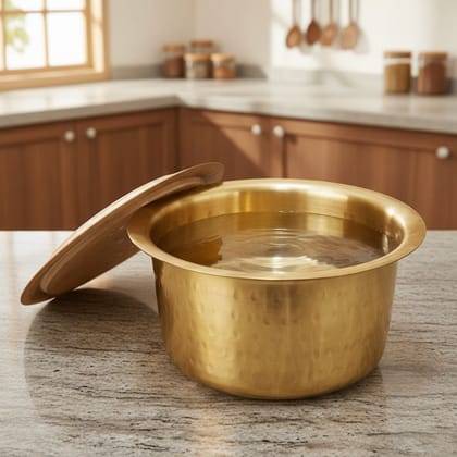 Brass Bhagona With Lid 3 Liter | Heavy Duty Cooking Pot, Height : 5 Inch (ZMAS637 D)