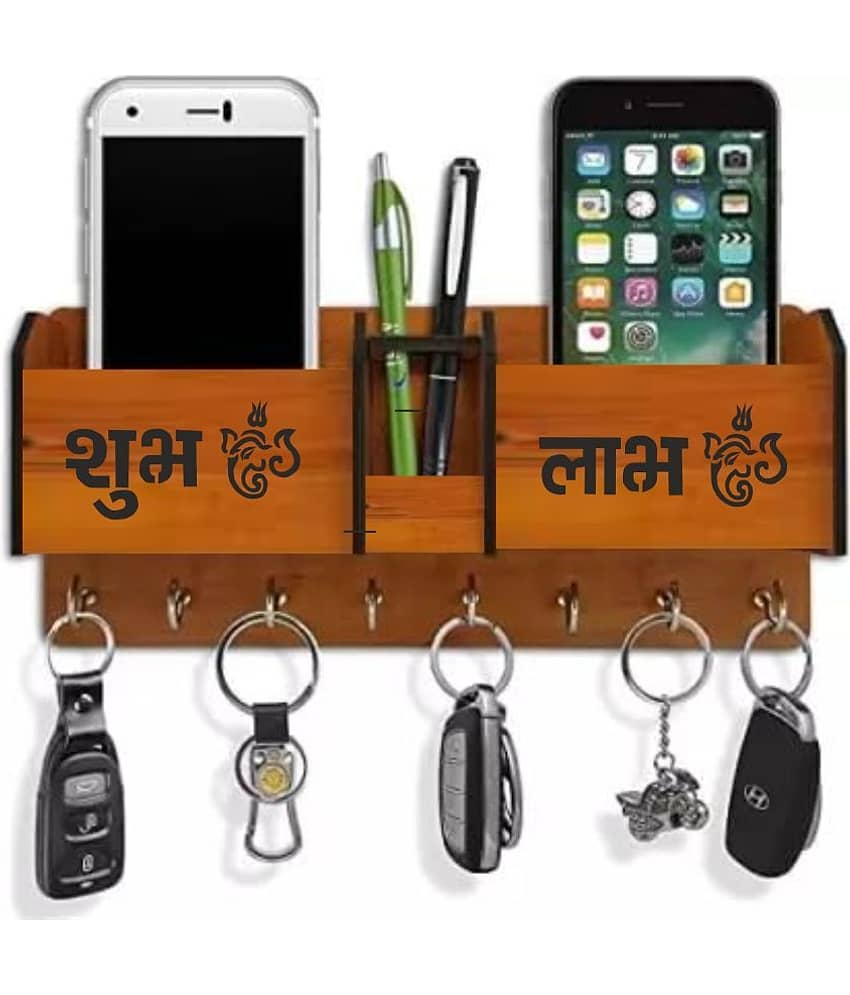 Big Boss Enterprises Shubh Labh Ganpati Trishul with 2 Pocket Mobile Holder, Pen Stand Wood Key Holder Stand (8 Hooks, Brown)