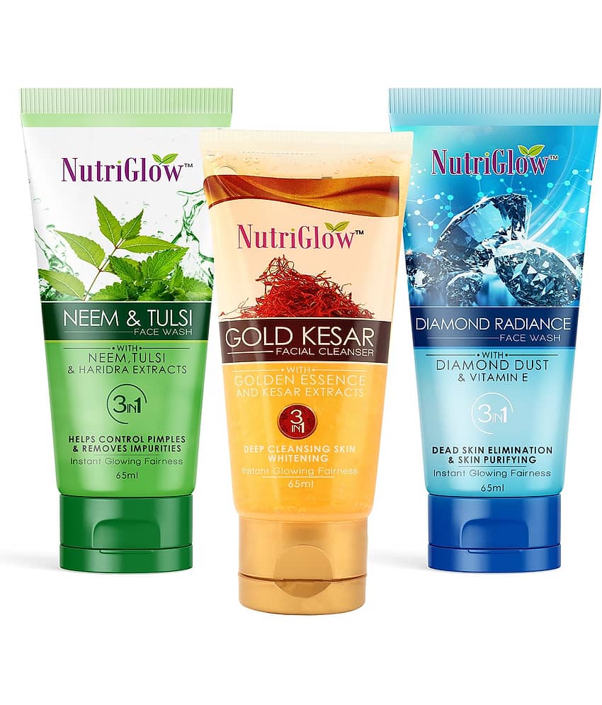 Nutriglow Neem & Tulsi, Gold Kesar Facial cleanser, Diamond Radiance Face Wash Each 65mL (Pack of 3)