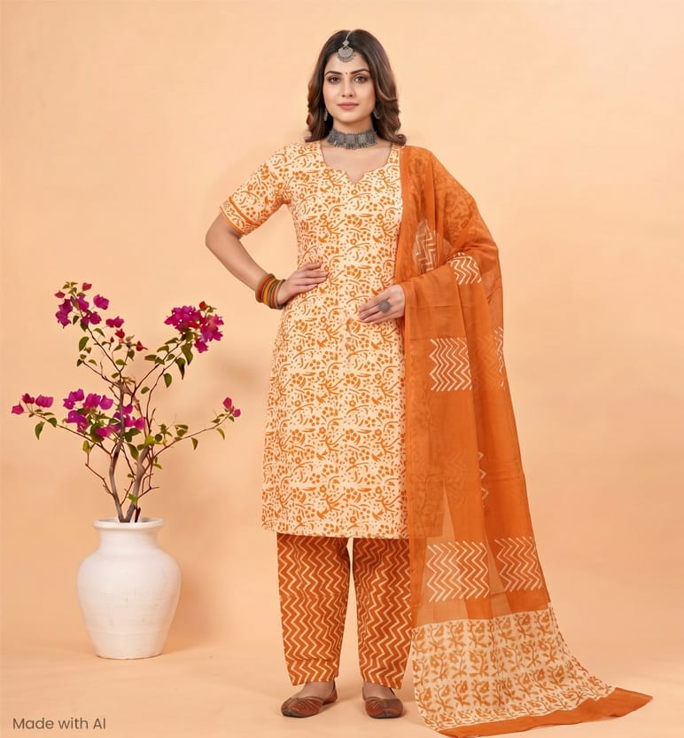 Handcrafted Batik Print 3 Piece Unstitched Cotton Suit Set