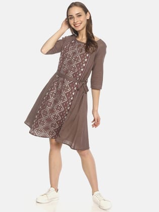 Grey Printed Dress With Tie-up Belt-XS