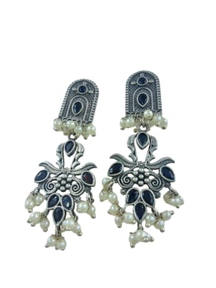 Anvaya Collections Oxidized Silver Dangle Earrings with Black Stones and Pearl Beads