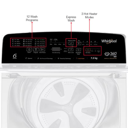 Whirlpool 7.5 kg 5 Star Inverter Fully-Automatic Top Loading Washing Machine with In-Built Heater, (360 Bloomwash PRO INV 7.5 Heater Cool Illusia) Whirlpool 7.5 kg 5 Star Inverter Fully-Automatic Top Loading Washing Machine with In-Built Heater, (360 Blo