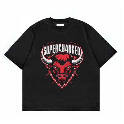 Super charge- Round Neck Drop Shoulder Graphic Printed Oversized Cotton T-shirt-S / Black