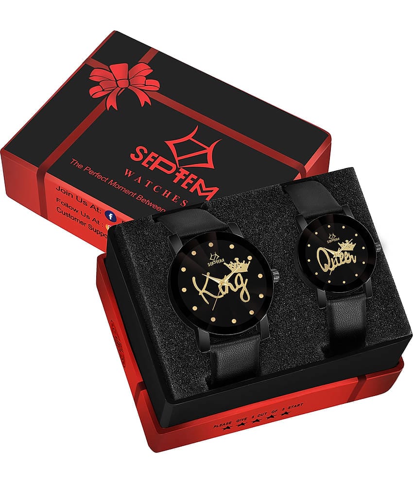 Septem Black Leather Analog Couple's Watch