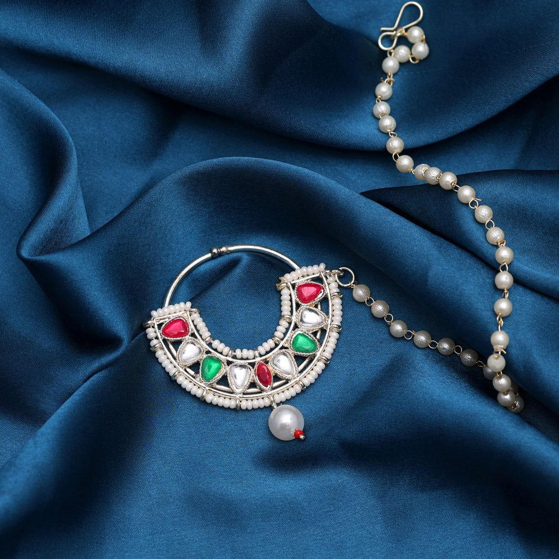 Maroon & Green Color Nose Nath-Chain Length: 25.00 CM x Width: 0.50 CM / Maroon,Green / Alloy With Good Quality Gold Plated
