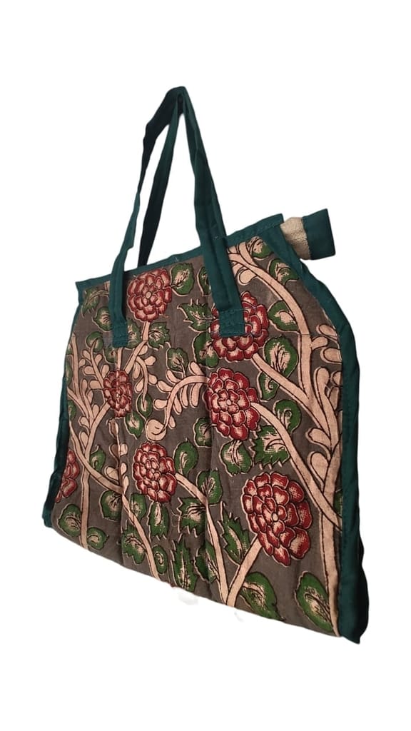 AP MEPMA KALANKARI BAGS Handcrafted Kalamkari Cotton Tote Bag with Floral Print and Green Trim