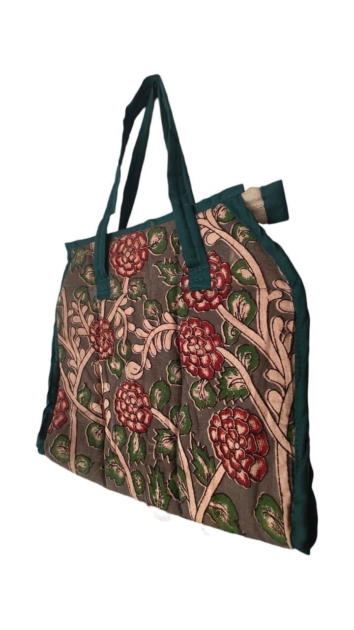 AP MEPMA KALANKARI BAGS  Handcrafted Kalamkari Cotton Tote Bag with Floral Print and Green Trim