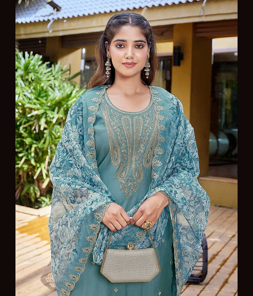 Royal Export Women Chanderi Embroidered Straight Kurti With Pants ( Blue )