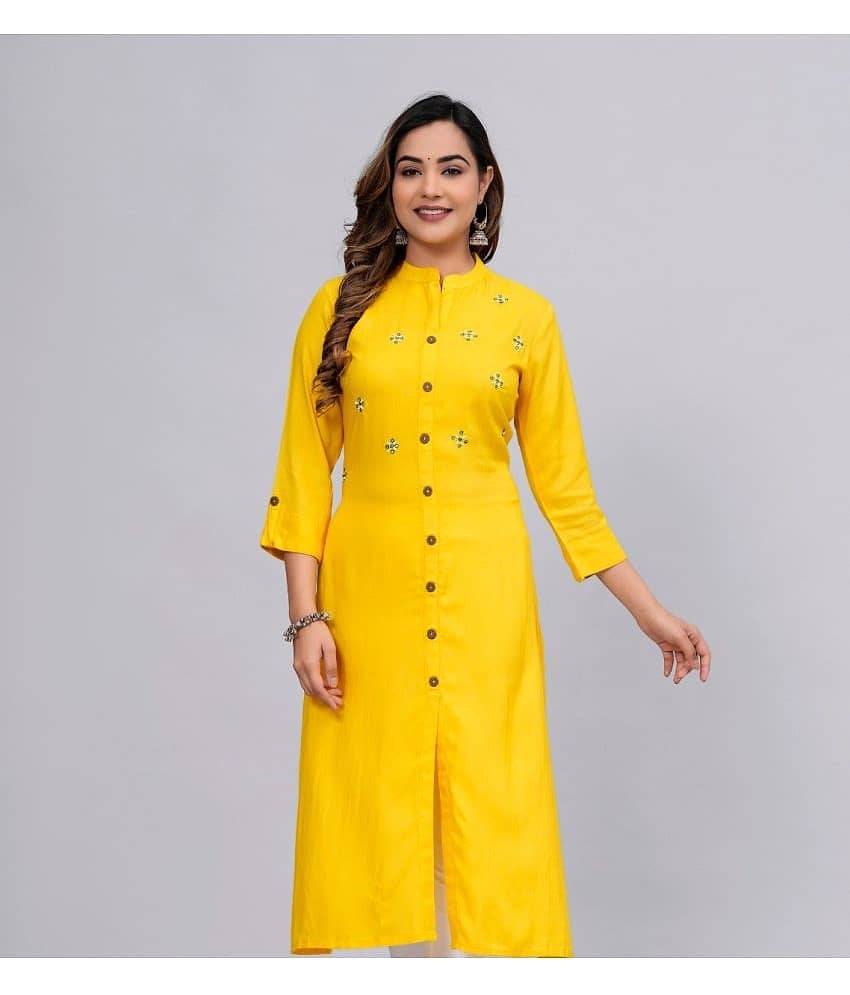 MAUKA Rayon Embellished Front Slit Women's Kurti - Yellow ( Pack of 1 )
