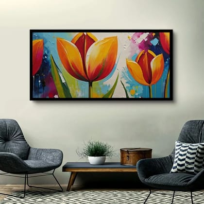 Luminary Tulip Rhapsody – Vibrant Blossom Delight Museum-Quality Cotton Canvas Art for Contemporary Living Room Décor | Frame Size (127 X 69 Cm) | Frame Type (Black) | 5-Year Warranty