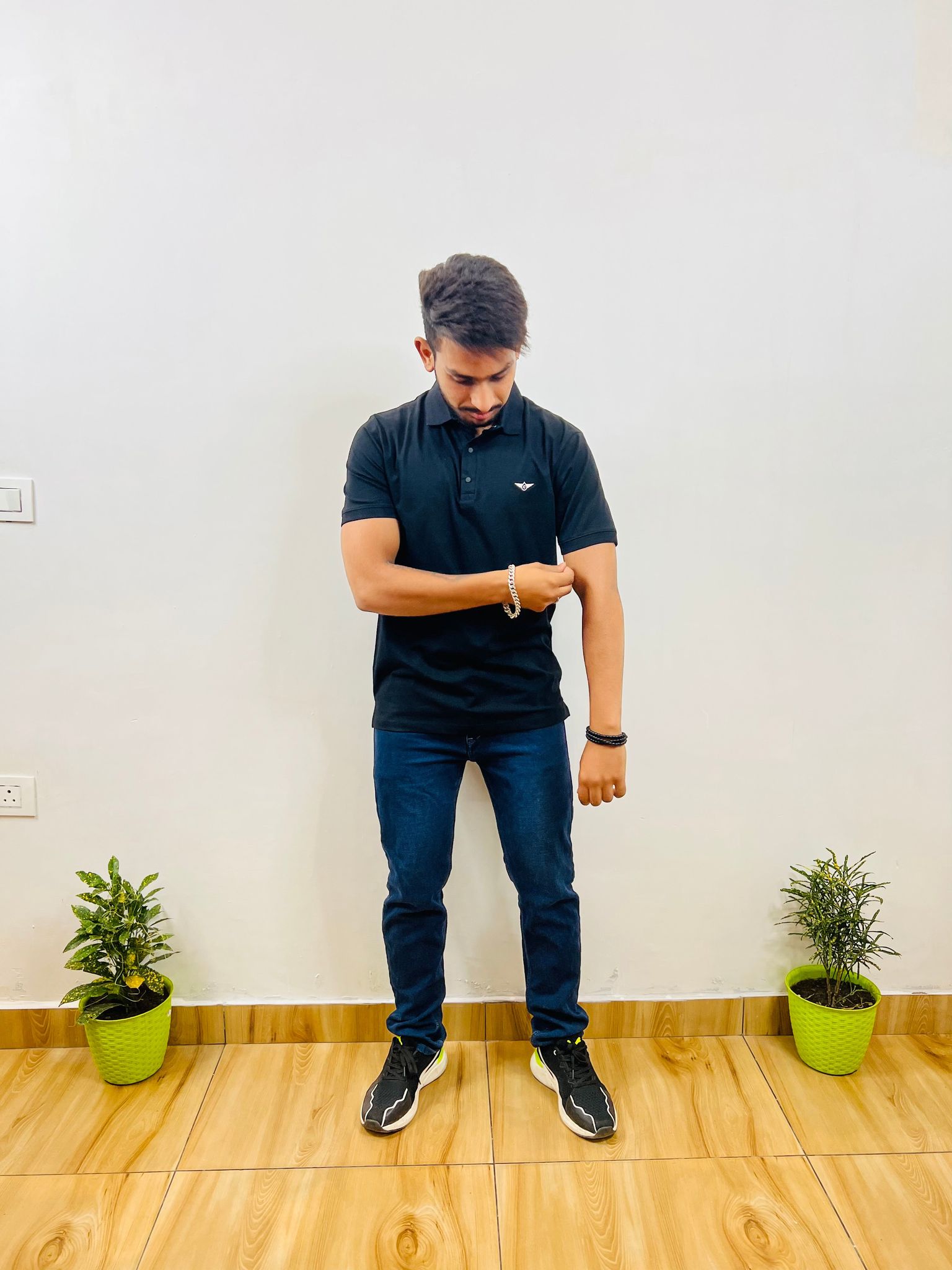 Navy Blue Collar T-shirt (2001C)-S / COTTON