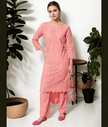 AMIRA'S INDIAN ETHNICWEAR Cotton Embroidered Kurti With Pants Women's Stitched Salwar Suit - Peach ( Pack of 1 )