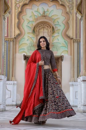 Blockprinted Cotton Aubergine Brown Lehanga Choli Set-34