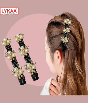Lykaa Stylish Pearl and Rhinestone Medium Size Hair Clips Butterfly Braid Duckbill Clips - Pack of 2