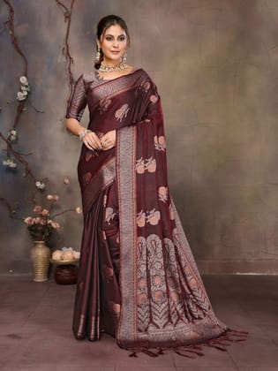 Wine Fendi Satin Silk Banarasi Jacquard Butta Work Saree With Woven Designed Border