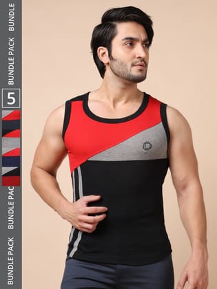 Men's Assorted Pack of 5 Solid Combed Cotton Racerback Styled Gym Vest