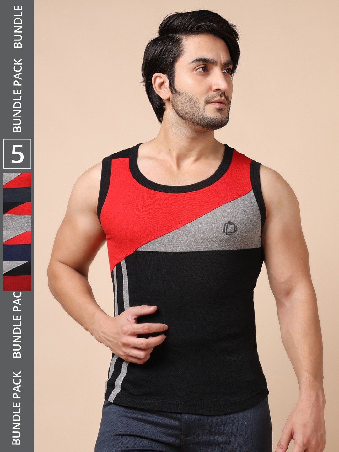 Men's Assorted Pack of 5 Solid Combed Cotton Racerback Styled Gym Vest