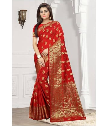 Gazal Fashions Banarasi Silk Printed Saree With Unstitched Blouse Piece ( Red )