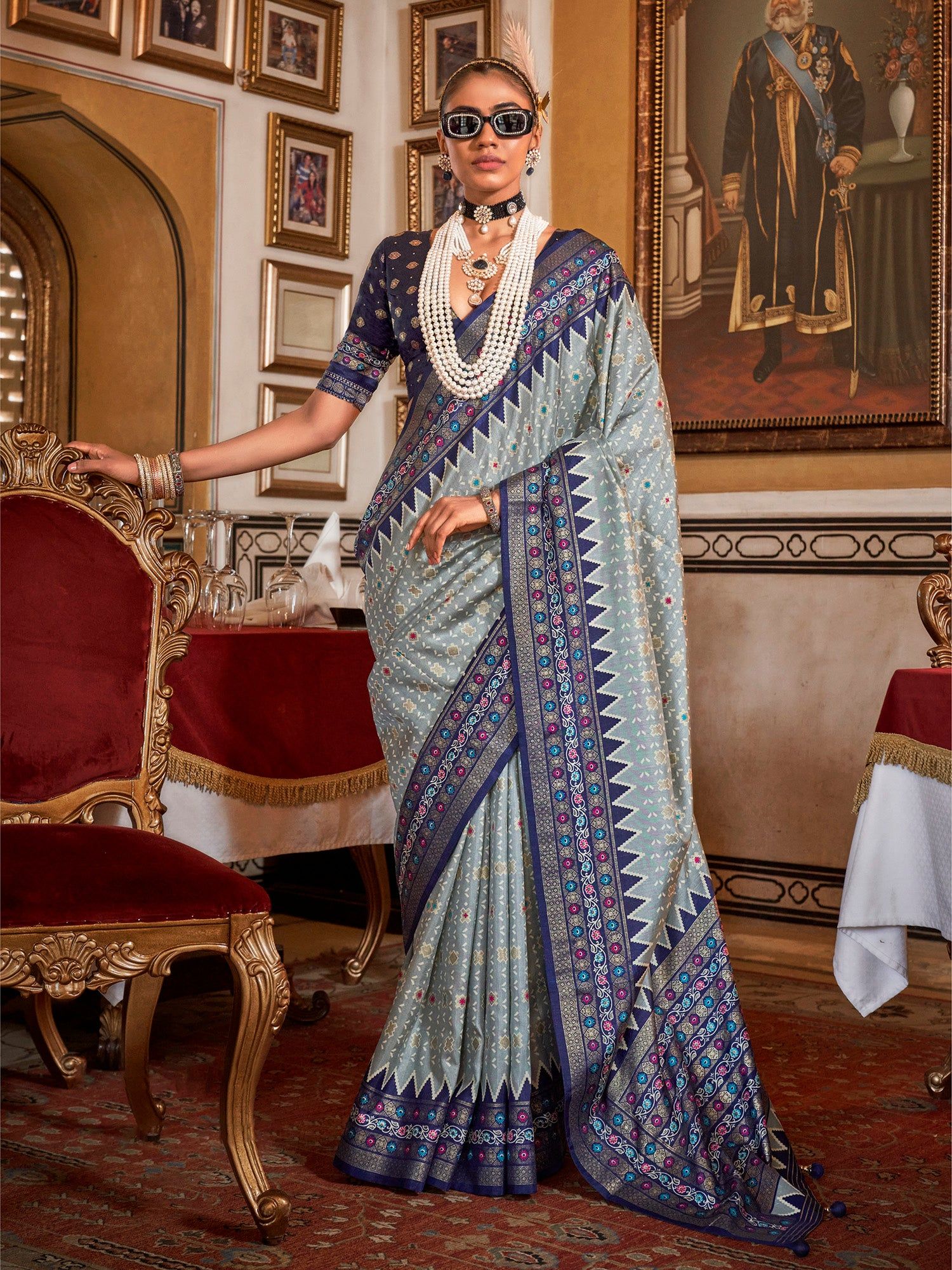 Grey Soft Silk Woven Printed Patola Designed Saree