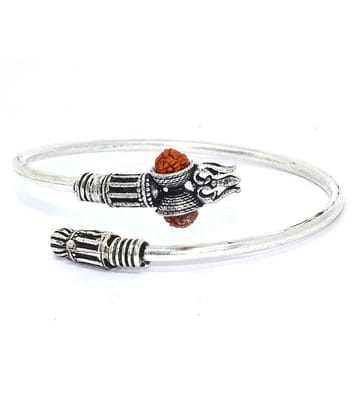 Rudradivine Designer Silver Oxidized Shiva Trishul Rudraksha Damru Kada Bracelet Bangle for Men and Boys Silver Trishul Damroo Designer Kada Bracelet Bangle for Women and Men (Flexible) - No
