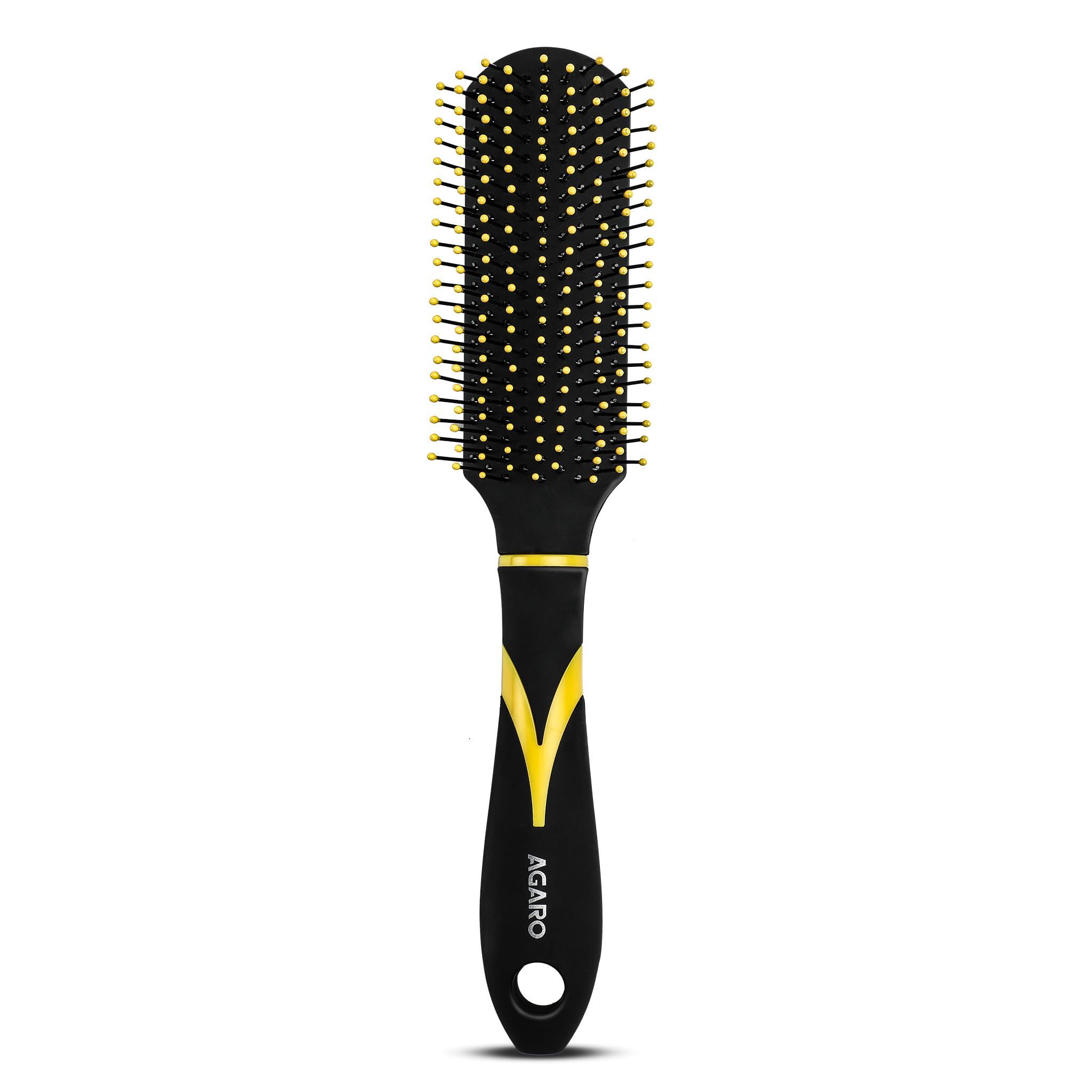 AGARO Breeze Flat Hair Brush with Strong & flexible nylon bristles, having Anti static ball tips, For Grooming, Volumising & Back Brushing, ideal for Men, Women & Kids, Yellow & Black. AGARO Breeze Flat Hair Brush with Strong & flexible nylon bristles, h