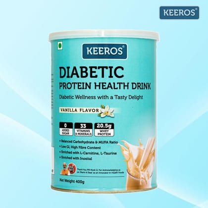 Keeros Diabetic Protein Health Drink - Vanilla Flavor, Diabetic Friendly, High Fiber, Balanced Carbohydrate & MUFA, General Health Benefits with DHA, Nutrient-Rich Supplement, 400 gm Keeros Diabetic Protein Health Drink - Vanilla Flavor, Diabetic Friendly, High Fiber, Balanced Carbohydrate & MUFA, General Health Benefits with DHA, Nutrient-Rich Supplement, 400 gm