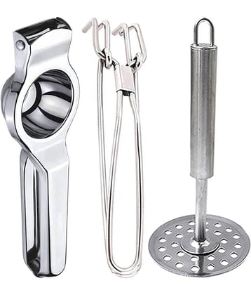 JISUN - Silver Stainless Steel Lemon Squeezer & Pakkad & Potato Masher ( Set of 3 )