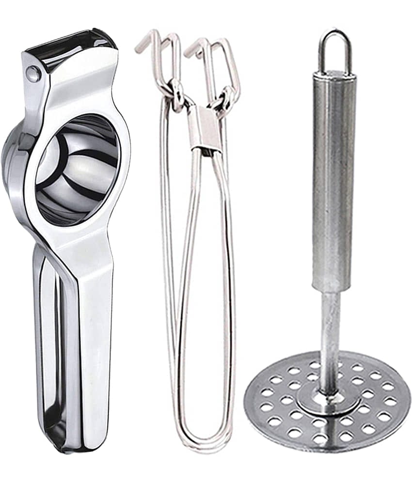 JISUN - Silver Stainless Steel Lemon Squeezer & Pakkad & Potato Masher ( Set of 3 )