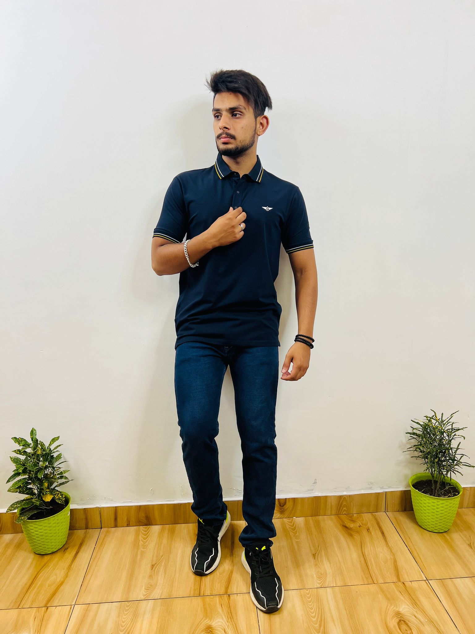Navy Blue- White Yellow Striped T-shirt (6001C)-S / Cotton