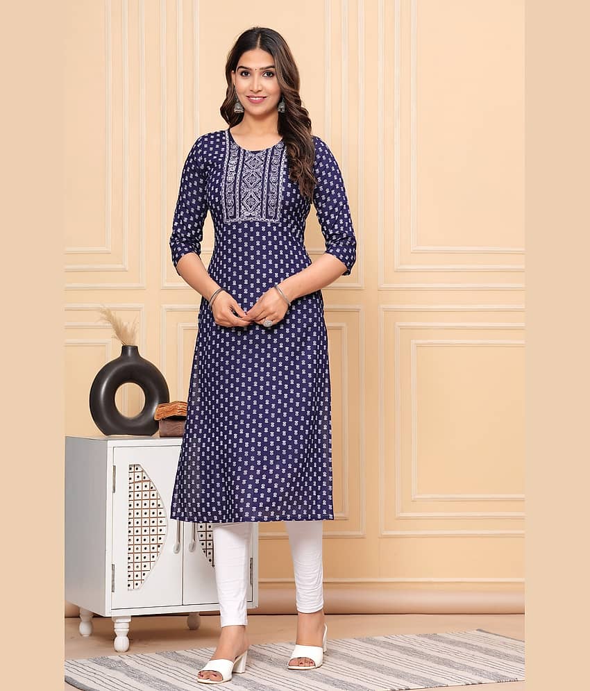 GlowWorld Rayon Embroidered Straight Women's Kurti - Navy ( Pack of 1 )