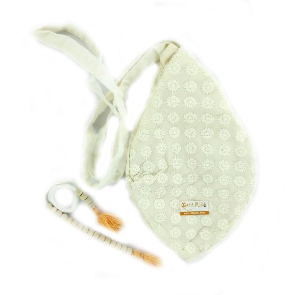 MAYAPURI Chikankari or Chikan Work (Embroidery) Japa Bag/Chanting Bag (Ecru Color) - Pooja Needs | Buy online on ZillyBuy