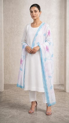 Cotton Dupatta – Off White with Sky Blue & Pink Floral Embroidery Cotton Dupatta – Off White with Sky Blue & Pink Floral Embroidery