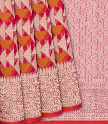 Pink Handwoven Banarasi Organza Silk Saree With Triangle Motifs-Pink-PINK