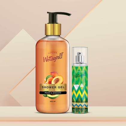 Layer'r Wottagirl Combo | Peach & Avocado Shower Gel | Non-Toxic and Paraben Free | For Women, 300ML with Spell Bound Body Splash, 60 ml