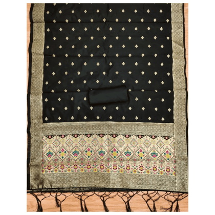 Generic Women's Banarasi Silk Printed Unstitched Salwar Suit Material With Dupatta (Black, 3Mtrs)