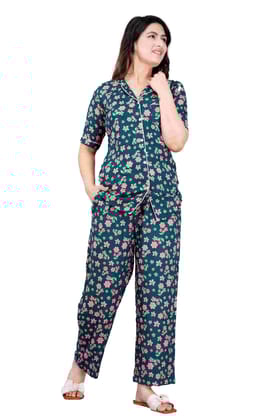Women's Casual Half Sleeve Printed Viscose Rayon Shirt with Pyjama Pant Night Suit Set Size S (Teal)